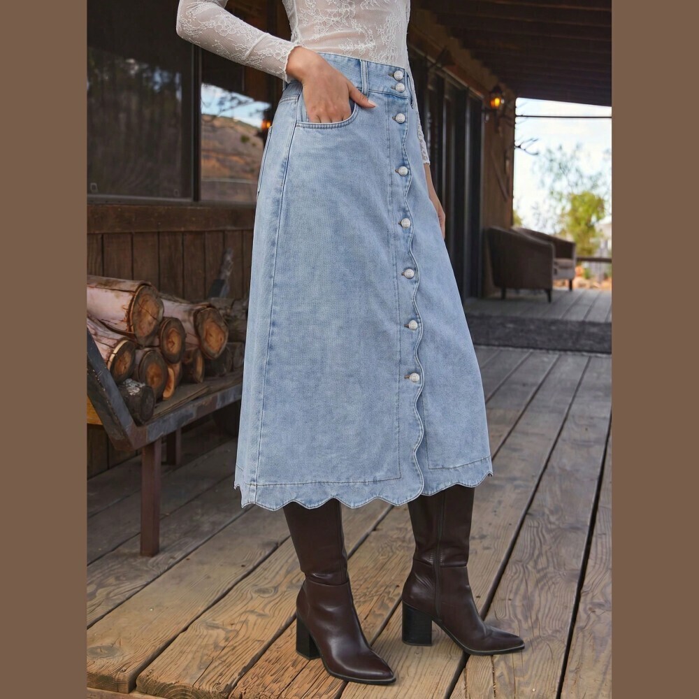 Light Wash Denim Scalloped Hem Side Button Front A-Line Midi Skirt